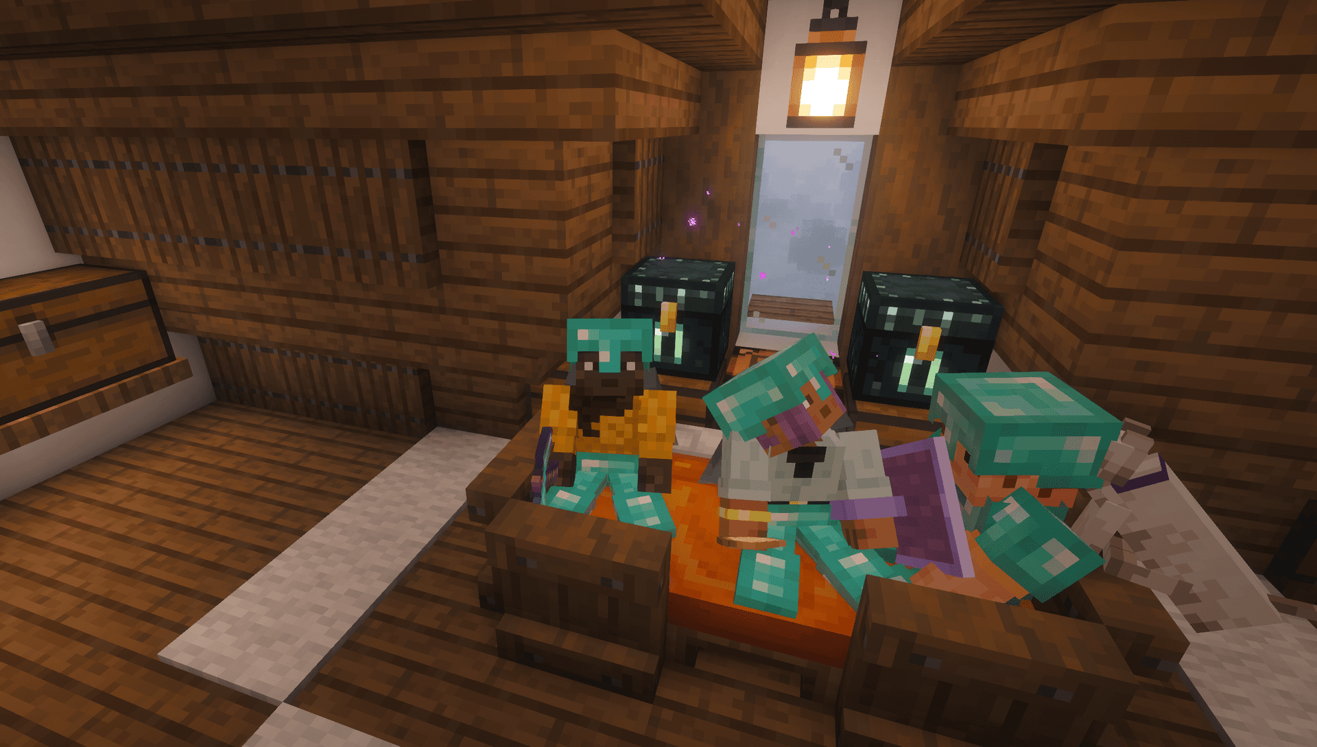 the gang chilling in a base, definitely too many people crammed onto one bed