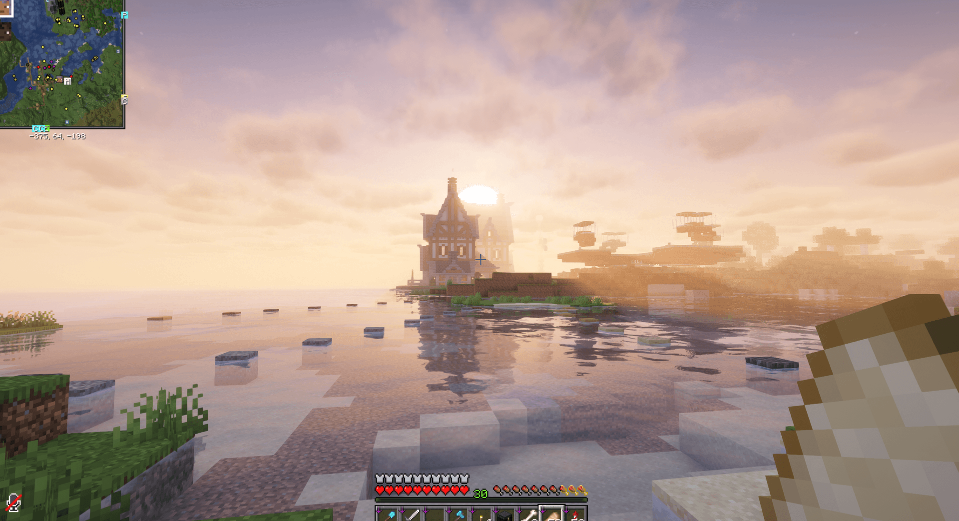 a half-timbered mansion on the server at sunset, with floating islands in the background