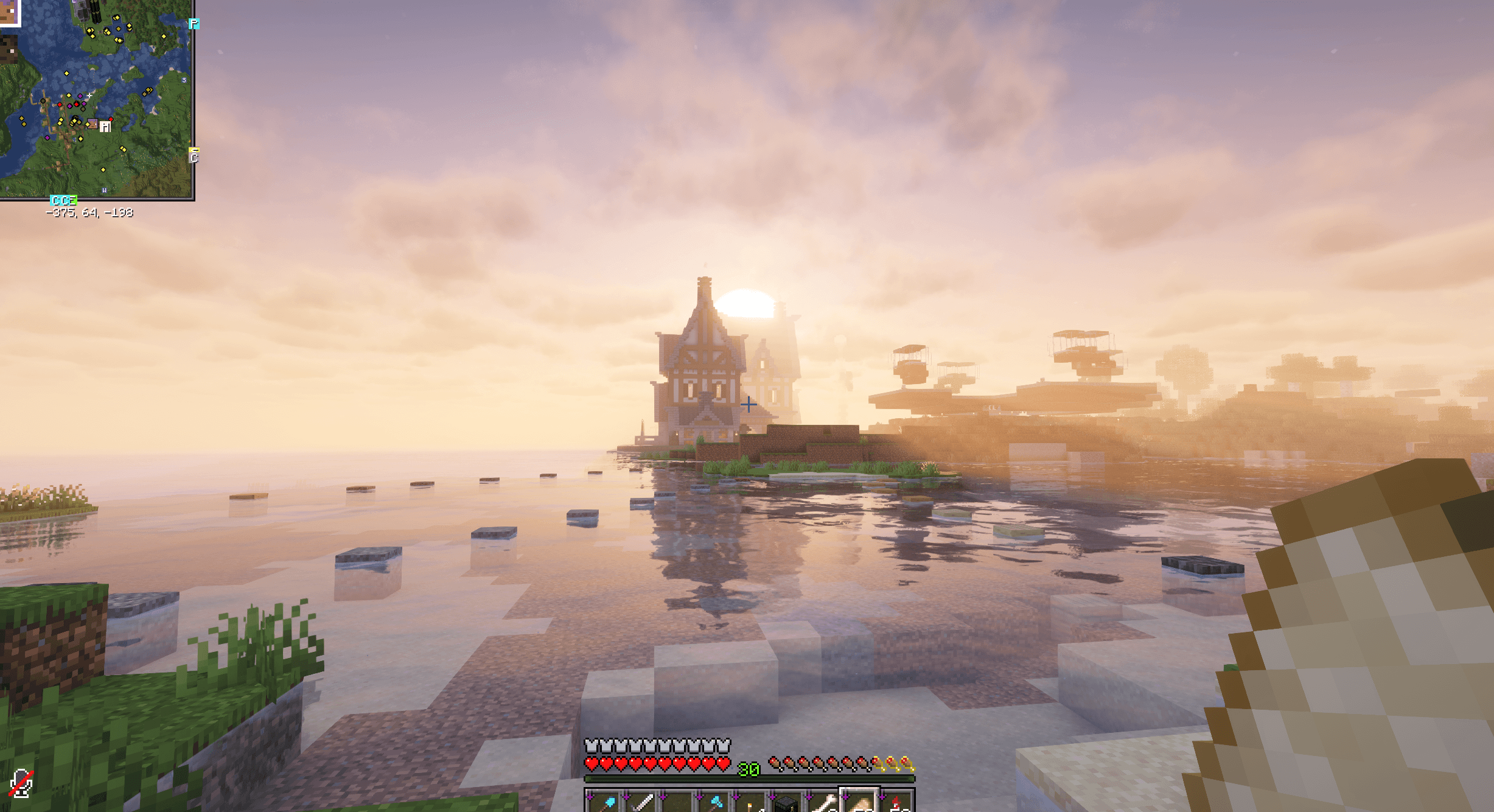 a half-timbered mansion on the server at sunset, with floating islands in the background