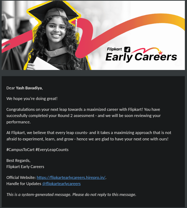 Flipkart Grid Round 2 completion email