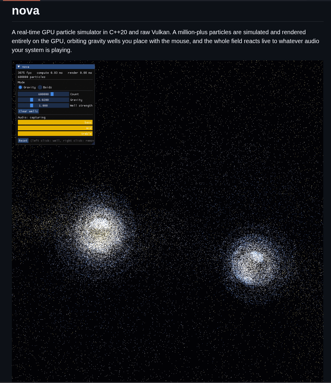 nova with two gravity wells pulling 600,000 particles into orbiting clusters