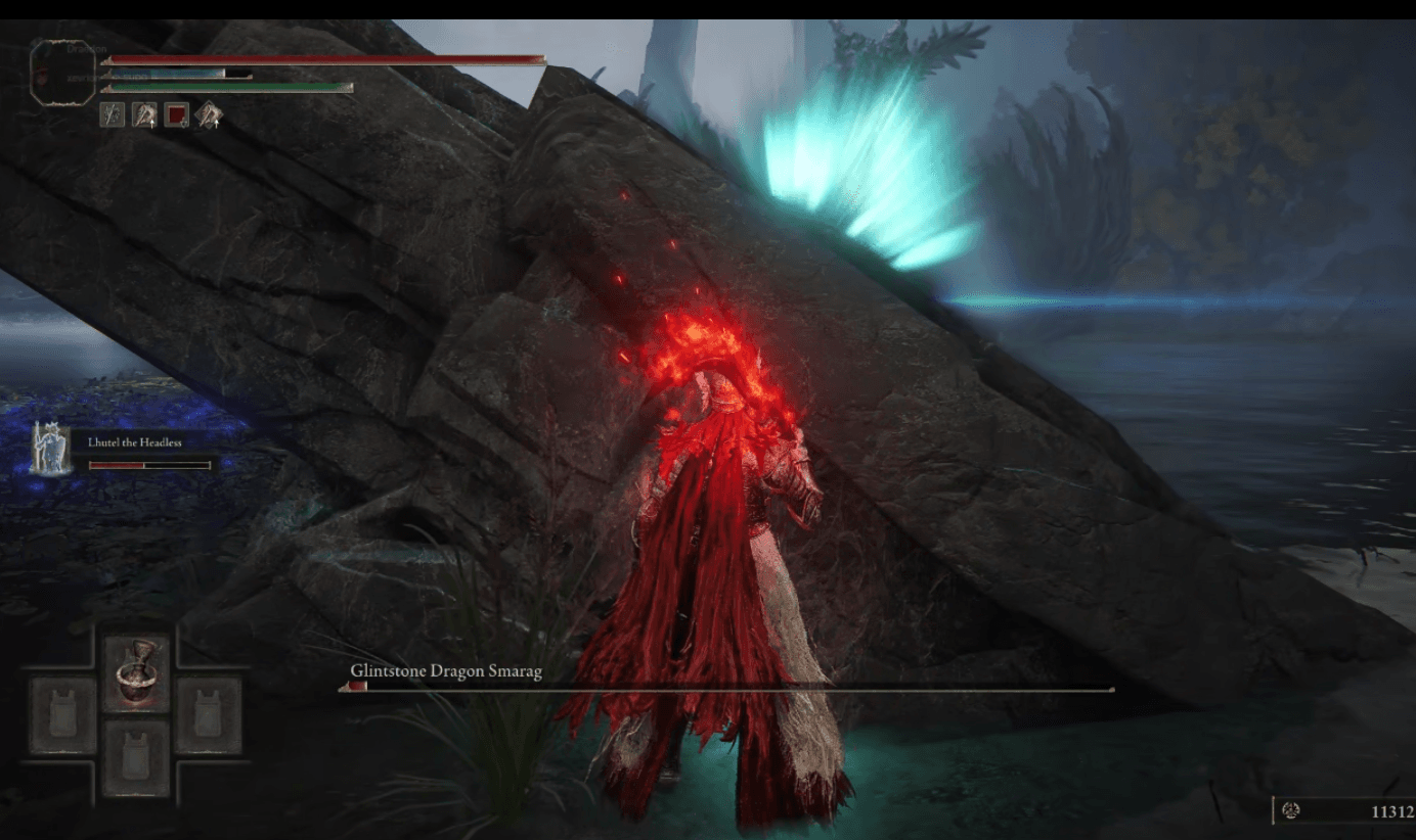 Glintstone Dragon Smarag, with Lhutel the Headless summoned