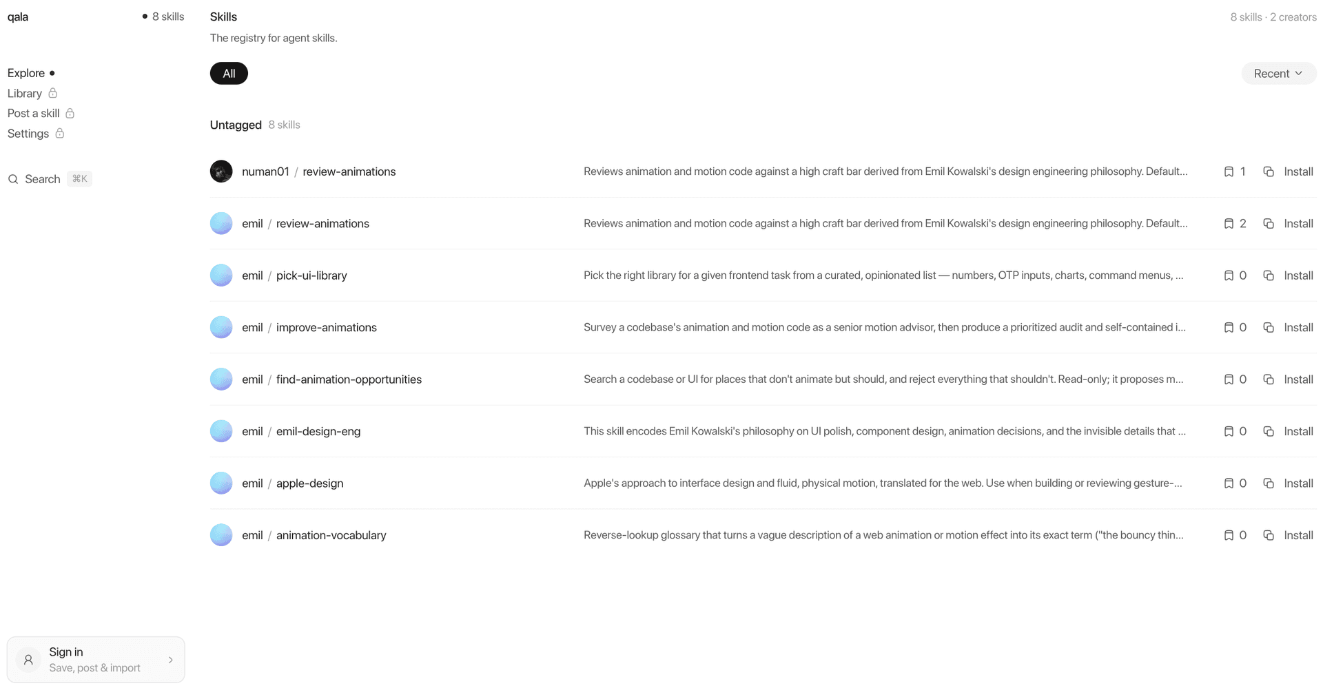 qala, a registry for agent skills, with install buttons on each one
