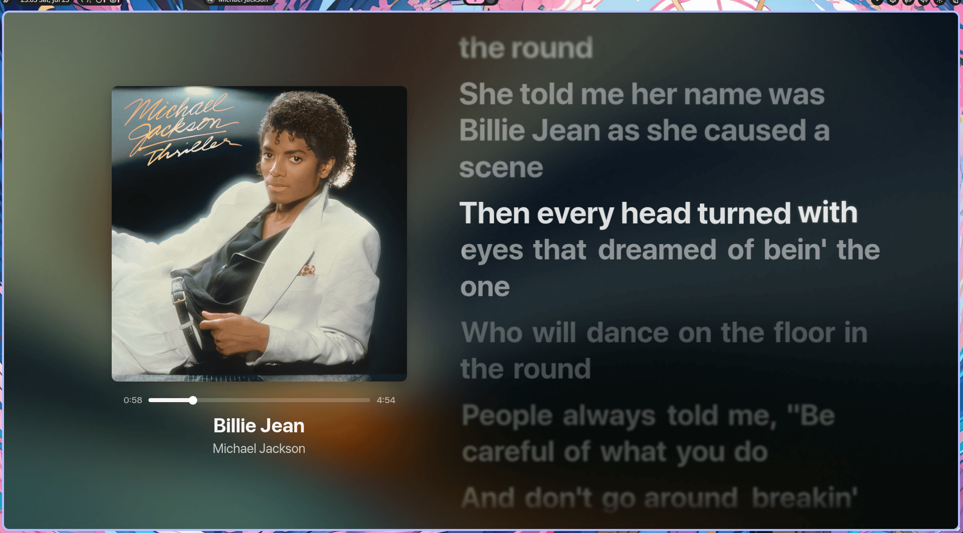 Spicetify with the Lucid theme and Spicy Lyrics, playing Billie Jean