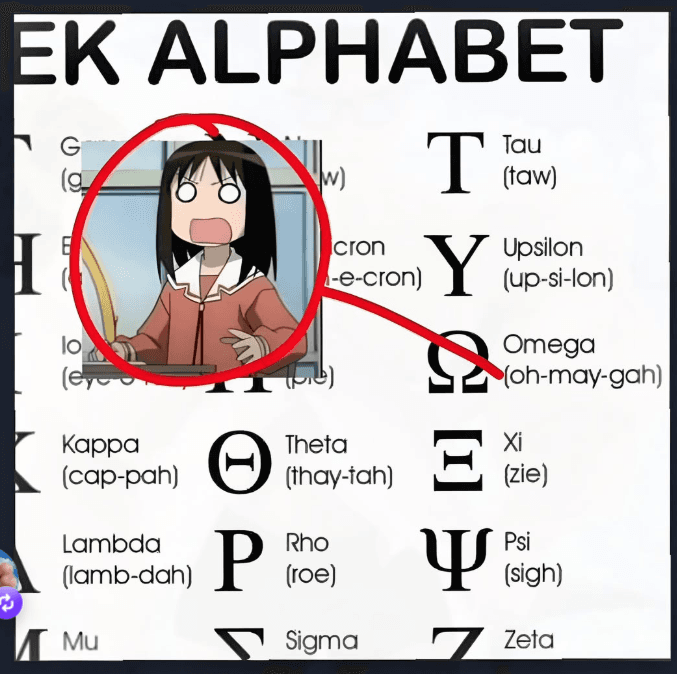 a Greek alphabet chart with Omega circled, captioned by a very distressed anime reaction