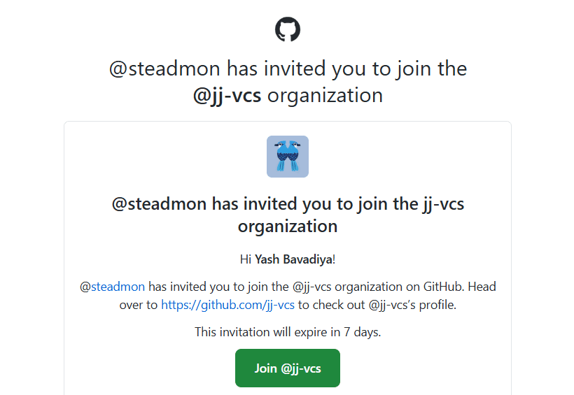 the GitHub invite to join the jj-vcs organization