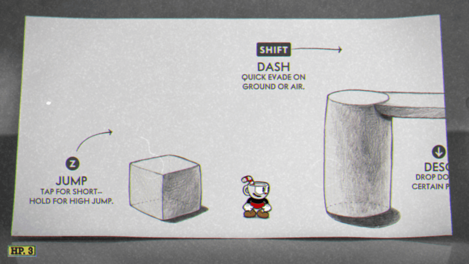 the Cuphead tutorial, jump and dash