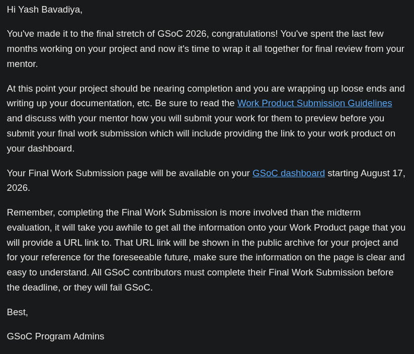 the GSoC email: you've made it to the final stretch of GSoC 2026