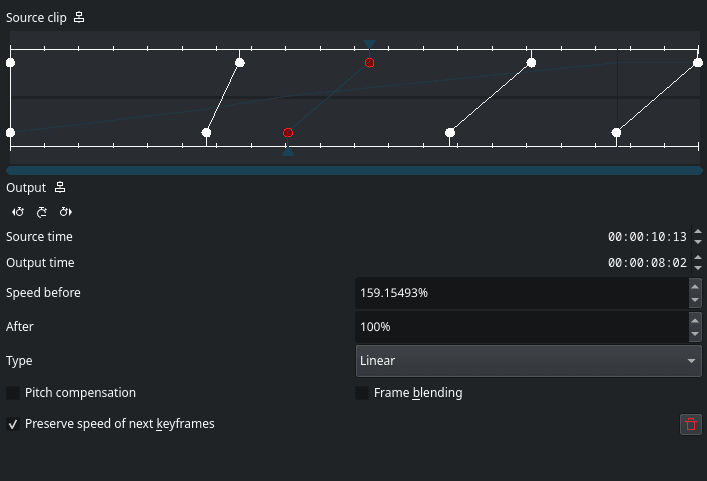 the time remap panel with speed before, after, and the new interpolation type selector