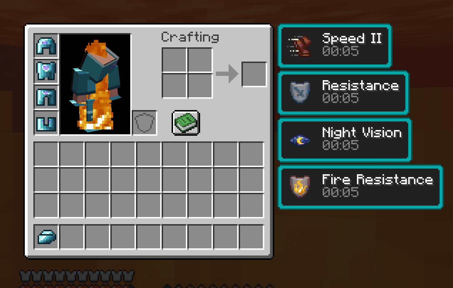 the full Xevrium armor set equipped, standing in fire with Speed II, Resistance, Night Vision and Fire Resistance running