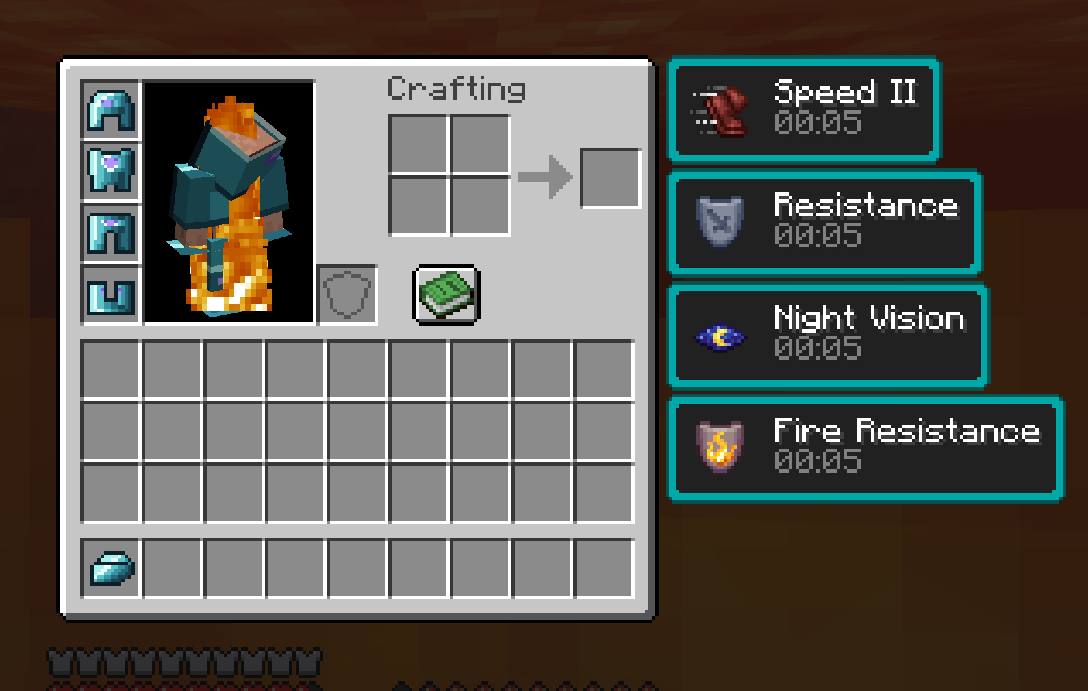 the full Xevrium armor set equipped, standing in fire with Speed II, Resistance, Night Vision and Fire Resistance running