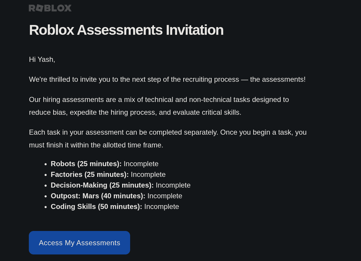 the Roblox assessment invitation, five separately timed tasks