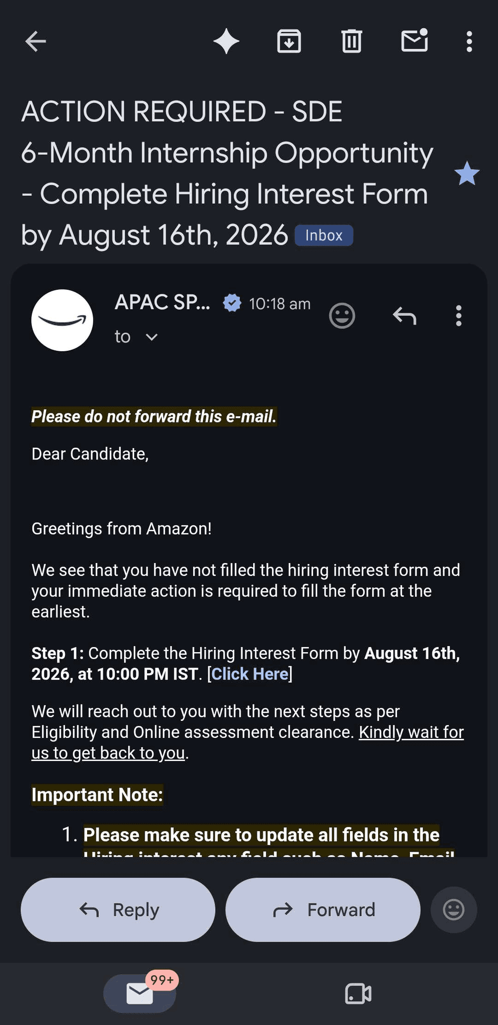 Amazon hiring interest form, due today