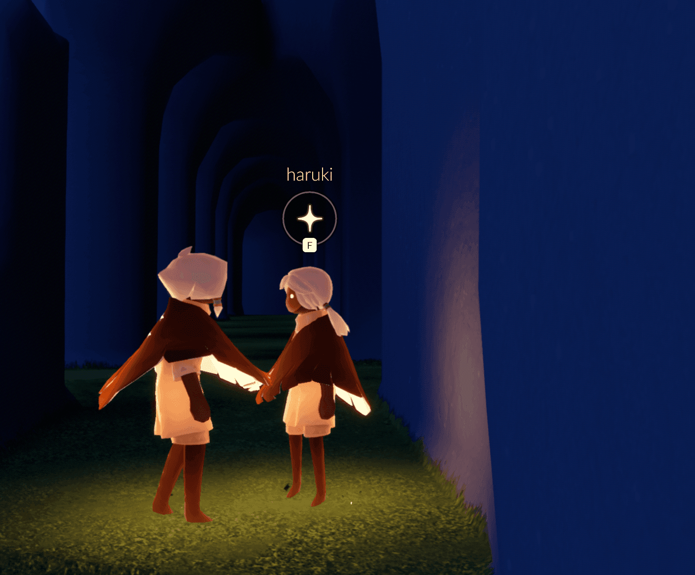 holding hands in a dark corridor
