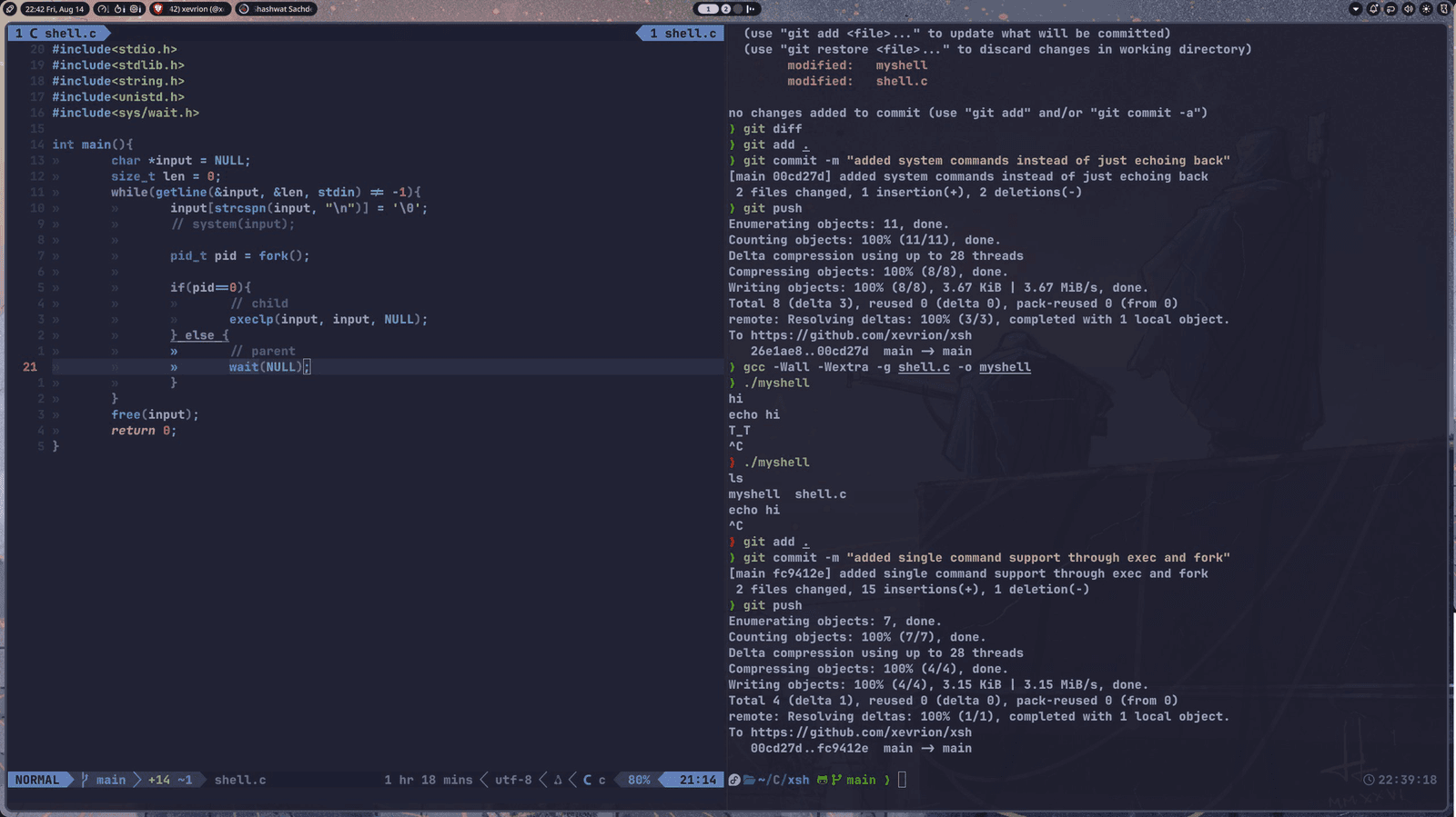 shell.c on the left, git log and myshell running on the right