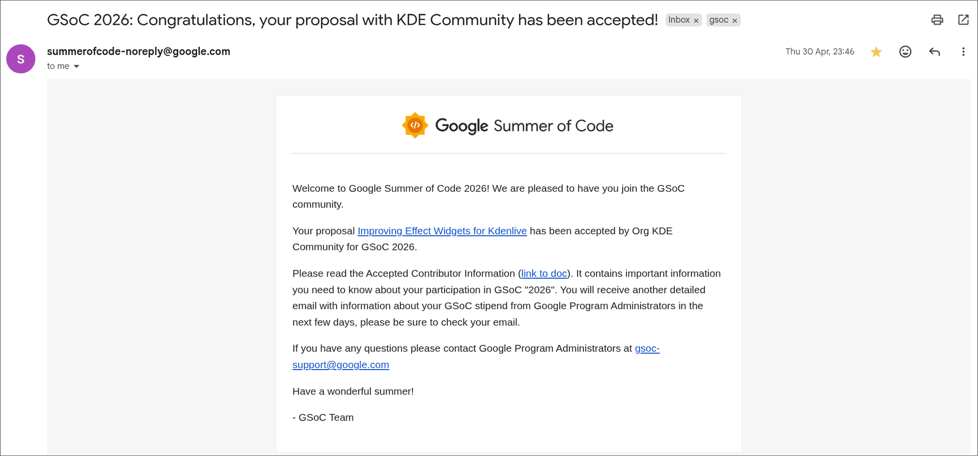 Acceptance email from Google Summer of Code: "GSoC 2026: Congratulations, your proposal with KDE Community has been accepted!"