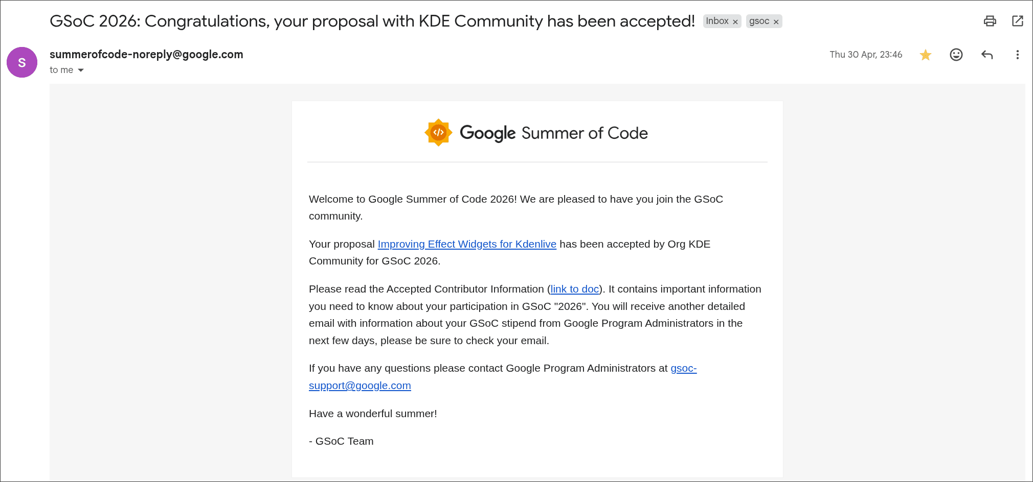 Acceptance email from Google Summer of Code: "GSoC 2026: Congratulations, your proposal with KDE Community has been accepted!"