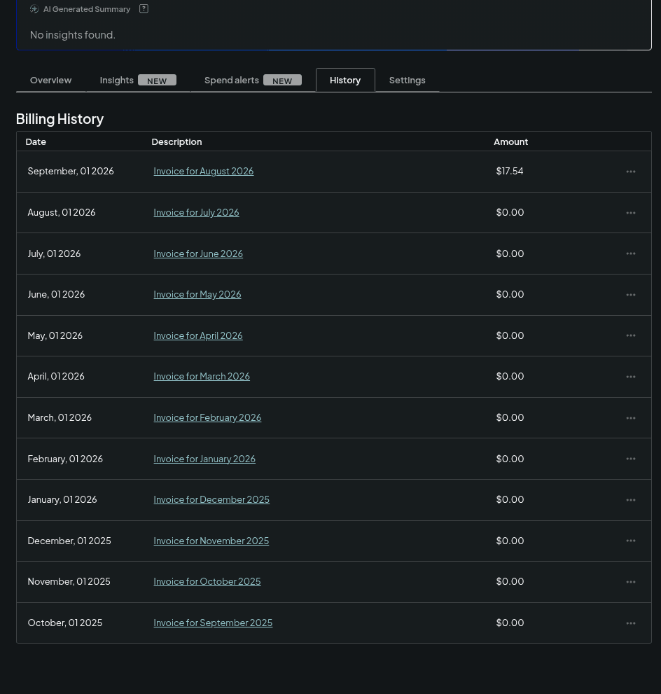 DigitalOcean billing history: every invoice from October 2025 to August 2026 is $0.00, then September 2026 is $17.54
