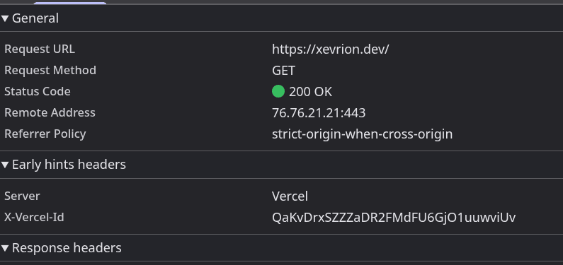 Browser dev tools showing a request to https://xevrion.dev/ with remote address 76.76.21.21 and a Server: Vercel response header